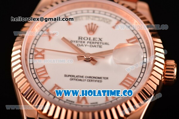 Rolex Day-Date Asia 2813/Swiss ETA 2836/Clone Rolex 3135 Automatic Rose Gold Case with Roman Numeral Markers and White Dial (BP) - Click Image to Close